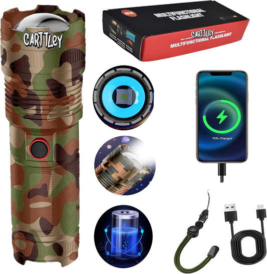 Rechargeable White Laser Super Battery Aluminum LED Flashlight, Body Camouflage 3000,000 Lumens, Tactical,Long Battery 5 Modes, Zoomable, Light Weight for Camping/Home/Outdoor (CarP90)