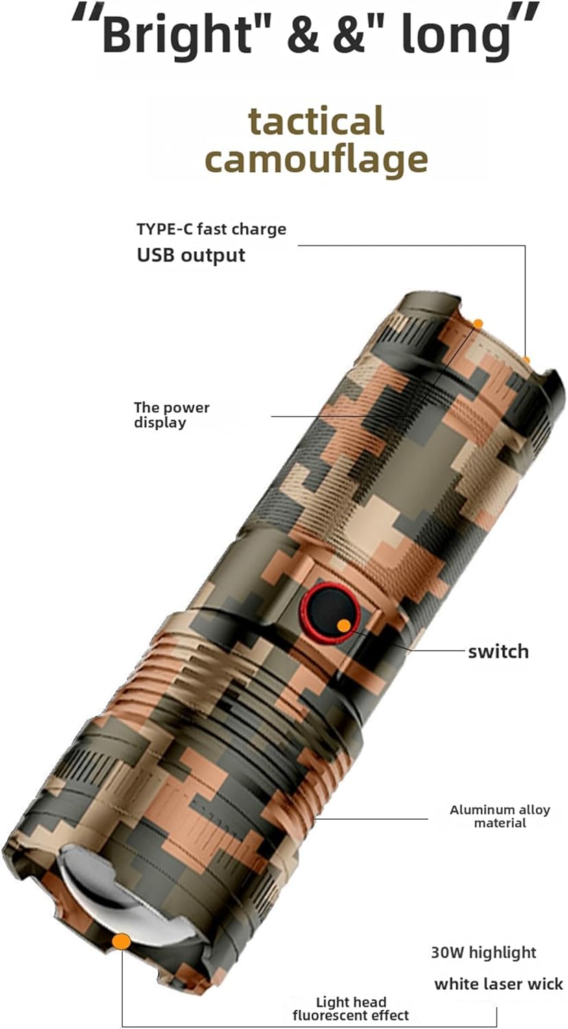 Rechargeable White Laser Super Battery Aluminum LED Flashlight, Body Camouflage 3000,000 Lumens, Tactical,Long Battery 5 Modes, Zoomable, Light Weight for Camping/Home/Outdoor (CarP90)