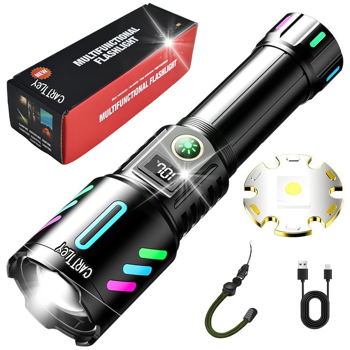 Rechargeable LED Flashlight, 2,000,000 Lumens, Tactical, 5 Modes, Zoomable, IP67 Waterproof, for Camping/Home (CarW514)