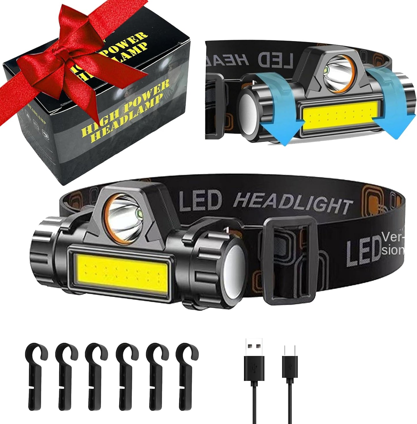 LED Headlamp, IPX4 Water Resistant Head Light, Bright 250 ft,Bright Headlamps for Running, Camping, Outdoor, 1200 Lumens USB Rechargeable Headlight (CarSQ101)