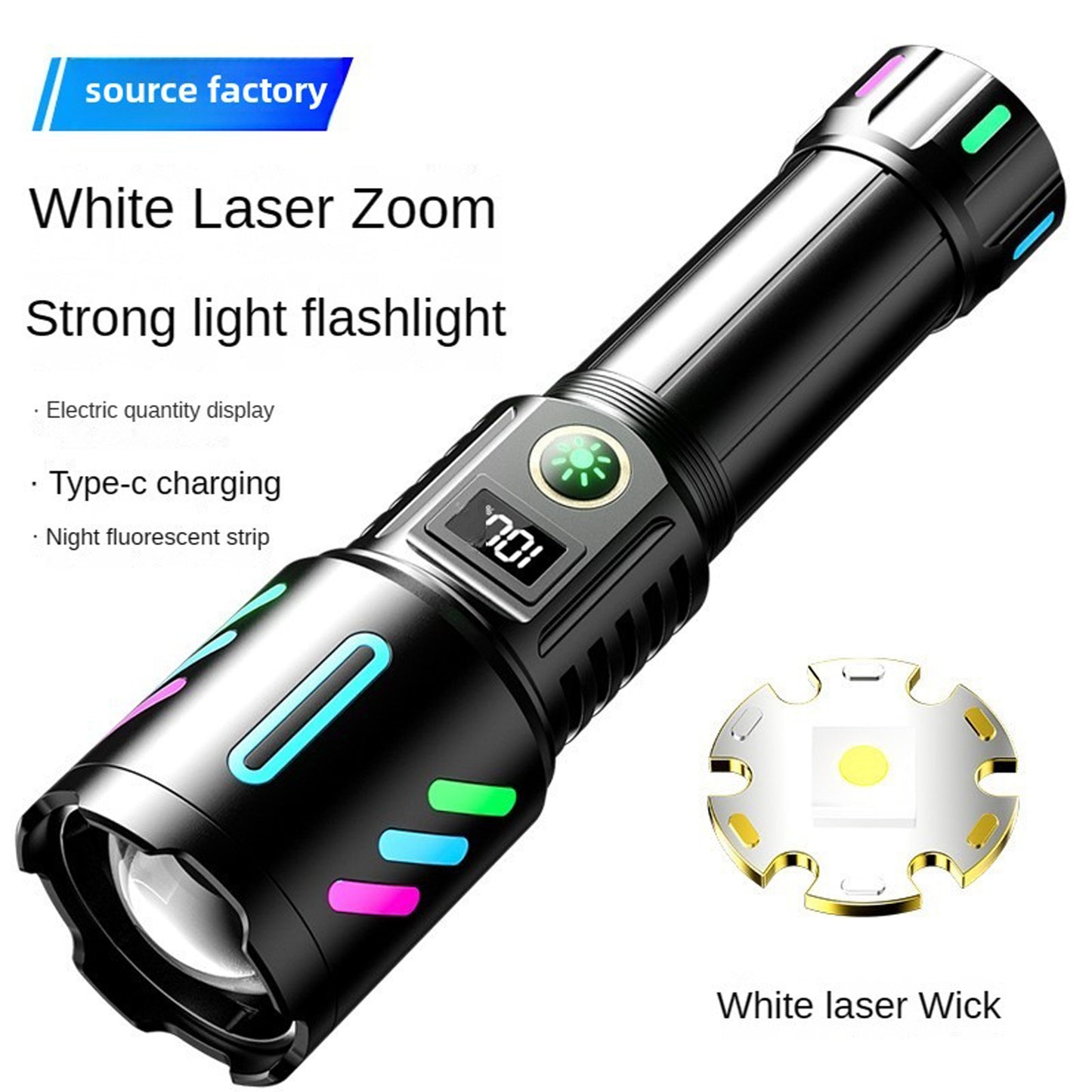 Rechargeable LED Flashlight, 2,000,000 Lumens, Tactical, 5 Modes, Zoomable, IP67 Waterproof, for Camping/Home (CarW514)