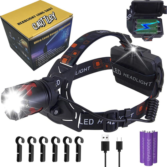 LED Headlamp Rechargeable, Head Lamp Super Bright 180000 High Lumen 9000mAh with 5 Modes, Fast Charge Batteries Zoomable, Waterproof Headlight Camping Hunting Running Fishing Biking (CarSQ13)