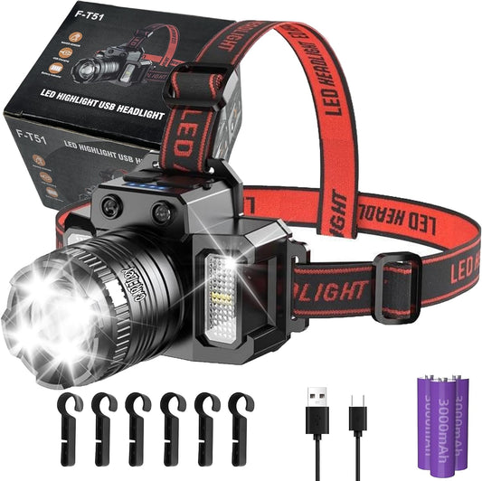 Rechargeable Flashlights High 20,000 Lumens 40 Hours 180° LED Headlamp Flashlight 4 Modes IPX4 Waterproof 9000mAh Powerful Headlamp USB Type-C Cable for Emergencies, Camping, Hiking (CarFF51)